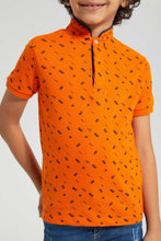 Load image into Gallery viewer, Redtag-Orange-Square-Print-Collar-Stand-Polo-Polo-Shirts-Boys-2 to 8 Years