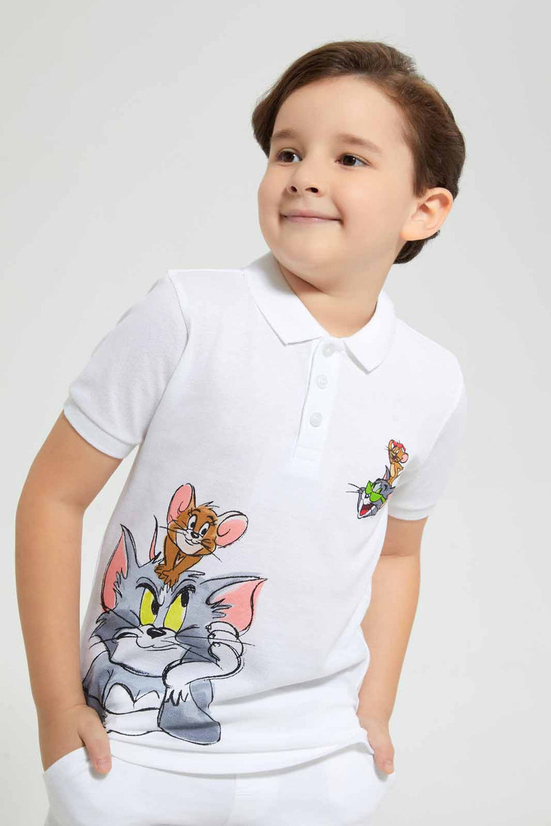 Redtag-White-Tom-And-Jerry-Polo-Polo-Shirts-Boys-2 to 8 Years