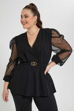 Load image into Gallery viewer, Redtag-Black-Wrap-Front-Peplum-Hem-Top-Tops-Women's-