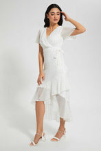 تنزيل الصورة على معرض الصور، Redtag-White-Silver-Dobby-Wrap-Dress-Dresses-Women's-