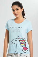 Load image into Gallery viewer, Redtag-Blue-Unicorn-Printed-Pyjama-Set-Pyjama-Sets-Women's-