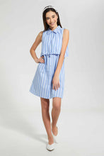 Load image into Gallery viewer, Redtag-Blue/White-Stripes-Collared-Front-Tie-Shirt-Dress-Dresses-Senior-Girls-9 to 14 Years