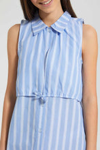 Load image into Gallery viewer, Redtag-Blue/White-Stripes-Collared-Front-Tie-Shirt-Dress-Dresses-Senior-Girls-9 to 14 Years
