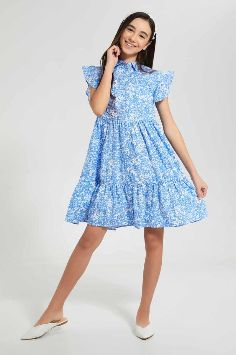 Redtag-Blue-Floral-Shirt-Dress-Dresses-Senior-Girls-9 to 14 Years