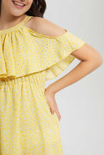 Load image into Gallery viewer, Redtag-Yellow-Floral-Print-Cold-Shoulder-Dress-Dresses-Senior-Girls-9 to 14 Years