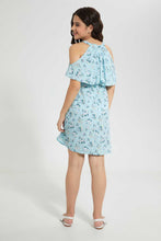 Load image into Gallery viewer, Redtag-Blue-Floral-Print-Cold-Shoulder-Dress-Dresses-Senior-Girls-9 to 14 Years