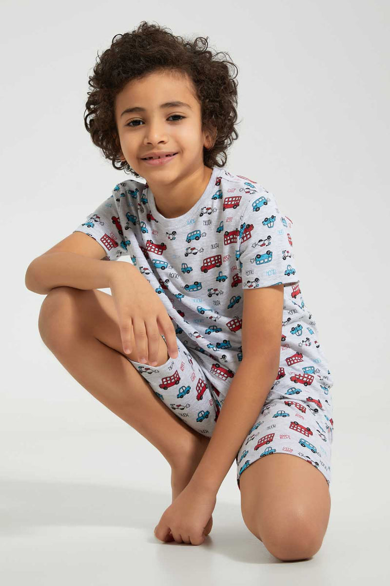 Redtag-Grey-Car-Print-T-Shirt-And-Short-Set-Pyjama-Sets-Boys-2 to 8 Years