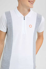 تنزيل الصورة على معرض الصور، Redtag-White-/Grey-Melange-Color-Block-Zip-Placket-Polo-Polo-Shirts-Senior-Boys-9 to 14 Years