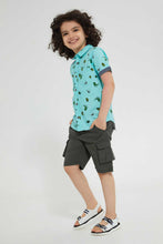 Load image into Gallery viewer, Redtag-Light-Blue-Dino-Aop-Short-Sleeve-Shirt-Casual-Shirts-Boys-2 to 8 Years
