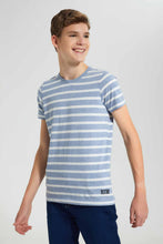 Load image into Gallery viewer, Redtag-Blue-Stripe-Keyshape-T-Shirt-Plain-T-Shirts-Senior-Boys-9 to 14 Years