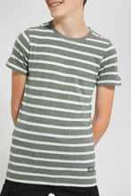 Load image into Gallery viewer, Redtag-Olive-Stripe-Keyshape-T-Shirt-Plain-T-Shirts-Senior-Boys-9 to 14 Years
