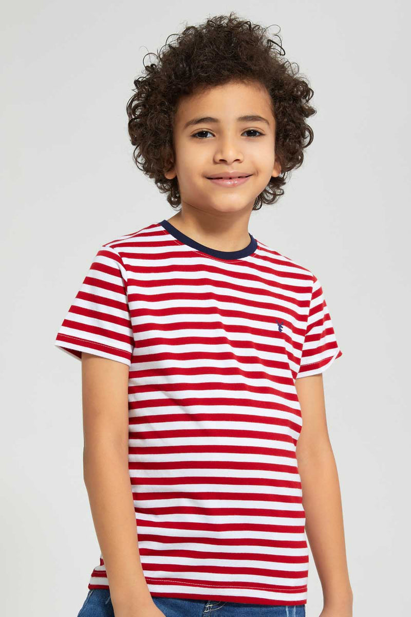 Redtag-2-Pk-Red-And-Yellow-Stripe-T-Shirt-Graphic-T-Shirts-Boys-2 to 8 Years