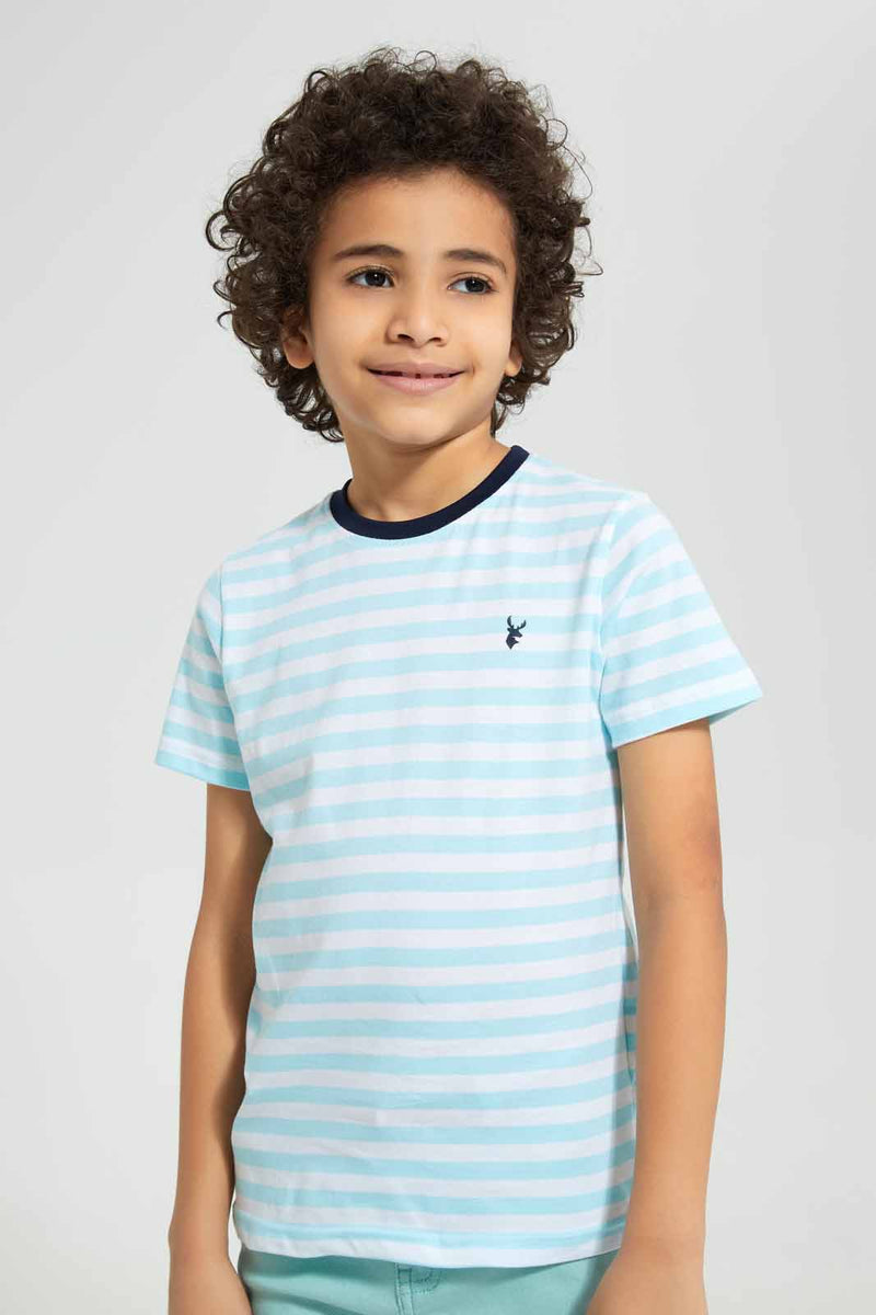 Redtag-2-Pk-Navy-And-Mint-Stripe-T-Shirt-Graphic-T-Shirts-Boys-2 to 8 Years