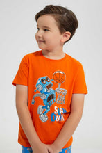 تنزيل الصورة على معرض الصور، Redtag-Orange-Robot-Print-T-Shirt-And-Short-Pyjama-Set-Pyjama-Sets-Boys-2 to 8 Years