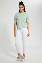 Load image into Gallery viewer, Redtag-Mint-Pleated-Sleeve-Top-With-Gold-Button-Details-On-Shoulder-Blouses-Women's-