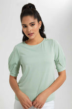 Load image into Gallery viewer, Redtag-Mint-Pleated-Sleeve-Top-With-Gold-Button-Details-On-Shoulder-Blouses-Women's-