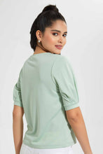 Load image into Gallery viewer, Redtag-Mint-Pleated-Sleeve-Top-With-Gold-Button-Details-On-Shoulder-Blouses-Women's-