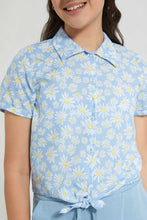 Load image into Gallery viewer, Redtag-Green-Floral-Front-Tie-Crop-Shirt-Cropped-Tops-Senior-Girls-9 to 14 Years