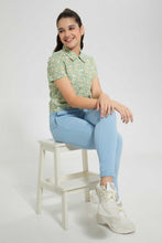 Load image into Gallery viewer, Redtag-Blue/Yellow-Floral-Front-Tie-Crop-Shirt-Cropped-Tops-Senior-Girls-9 to 14 Years