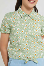 Load image into Gallery viewer, Redtag-Blue/Yellow-Floral-Front-Tie-Crop-Shirt-Cropped-Tops-Senior-Girls-9 to 14 Years