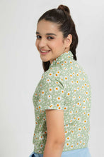 Load image into Gallery viewer, Redtag-Blue/Yellow-Floral-Front-Tie-Crop-Shirt-Cropped-Tops-Senior-Girls-9 to 14 Years
