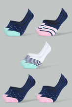 Load image into Gallery viewer, Redtag-Navy/Pink-Polka-Stripe-Printed-Invisible-Socks-(5-Packs)-Invisible-Socks-Women's-