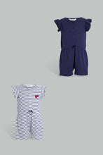 Load image into Gallery viewer, Redtag-White-Printed-And-Navy-Solid-Pack-Of-2-Jumpsuit-Jumpsuits-Infant-Girls-3 to 24 Months