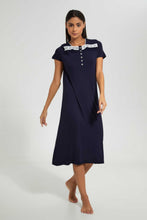 Load image into Gallery viewer, Redtag-Navy-Plain-Nightgown-With-Lace-Nightgowns-Women's-