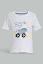 تنزيل الصورة على معرض الصور، Redtag-White-And-Navy-Truch-T-Shirt-(2-Pack)-All-Over-Prints-Infant-Boys-3 to 24 Months