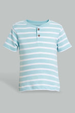 تنزيل الصورة على معرض الصور، Redtag-Grey-Solid-And-Blue-Henley-T-Shirt-(2-Pack)-Striped-T-Shirts-Infant-Boys-3 to 24 Months