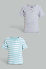 تنزيل الصورة على معرض الصور، Redtag-Grey-Solid-And-Blue-Henley-T-Shirt-(2-Pack)-Striped-T-Shirts-Infant-Boys-3 to 24 Months
