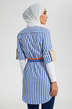 Load image into Gallery viewer, Redtag-Blue-X-White-Stripe-Shirt-Half-Placket-Dresses-Women's-
