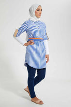 Load image into Gallery viewer, Redtag-Blue-X-White-Stripe-Shirt-Half-Placket-Dresses-Women's-