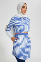 Load image into Gallery viewer, Redtag-Blue-X-White-Stripe-Shirt-Half-Placket-Dresses-Women's-