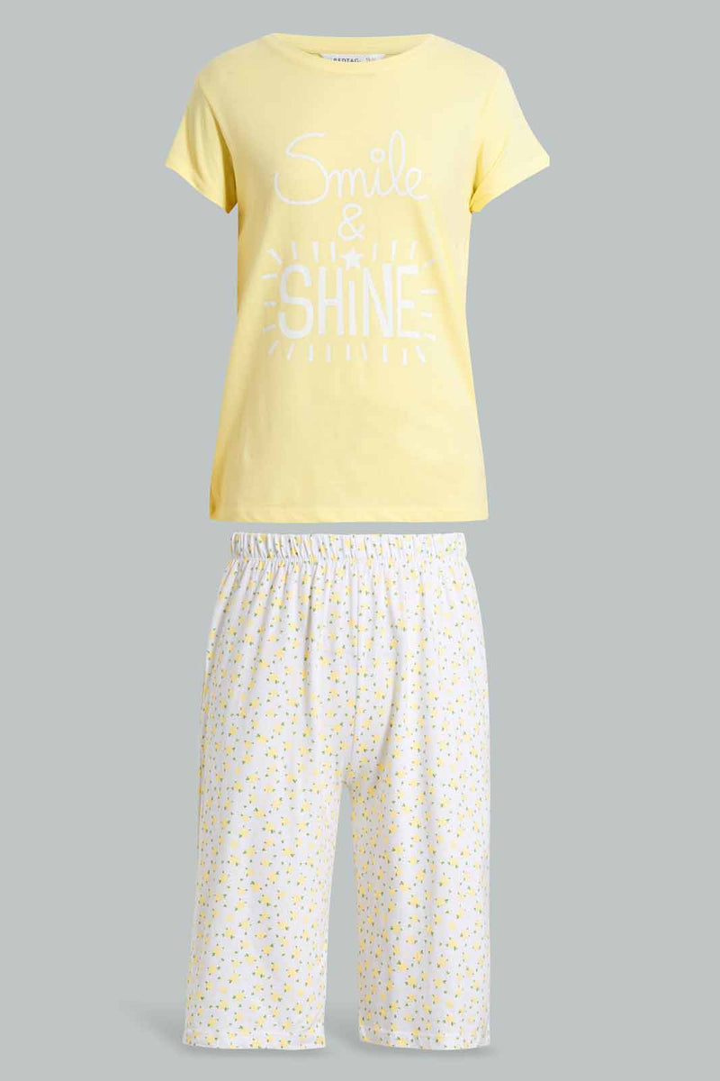 Yellow And White Printed Pyjama Set For Senior Girls (2 Piece)