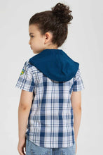 Load image into Gallery viewer, Redtag-Blue-Hooded-Check-Short-Sleeve-Shirt-Casual-Shirts-Boys-2 to 8 Years