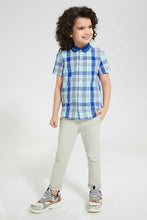 Load image into Gallery viewer, Redtag-Blue-Knitted-Collar-Check-Short-Casual-Shirts-Boys-2 to 8 Years