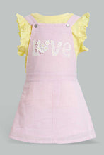 تنزيل الصورة على معرض الصور، Redtag-Pink-Dungaree-Dress-With-Yellow-T-Shirt-Sets-Infant-Girls-3 to 24 Months
