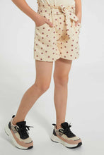 Load image into Gallery viewer, Redtag-Beige-Girls--Printed--Short-With-Belt-Casual-Shorts-Girls-2 to 8 Years