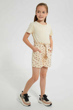 Load image into Gallery viewer, Redtag-Beige-Girls--Printed--Short-With-Belt-Casual-Shorts-Girls-2 to 8 Years