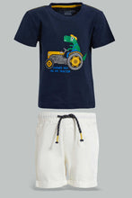 تنزيل الصورة على معرض الصور، Redtag-Navy-Dino-And-White-Trouser-Short-Casual-Set-(2-Pack)-Sets-Infant-Boys-3 to 24 Months