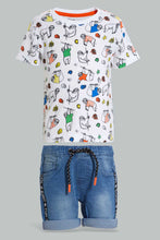 تنزيل الصورة على معرض الصور، Redtag-White-Printed-T-Shirt-With-Denim-Short-Casual-Set-(2-Pack)-Sets-Infant-Boys-3 to 24 Months
