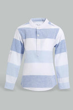 Load image into Gallery viewer, Redtag-Blue-And-White-Striped-Mandarin-Roll-Up-Ls-Shirt-Casual-Shirts-Infant-Boys-3 to 24 Months