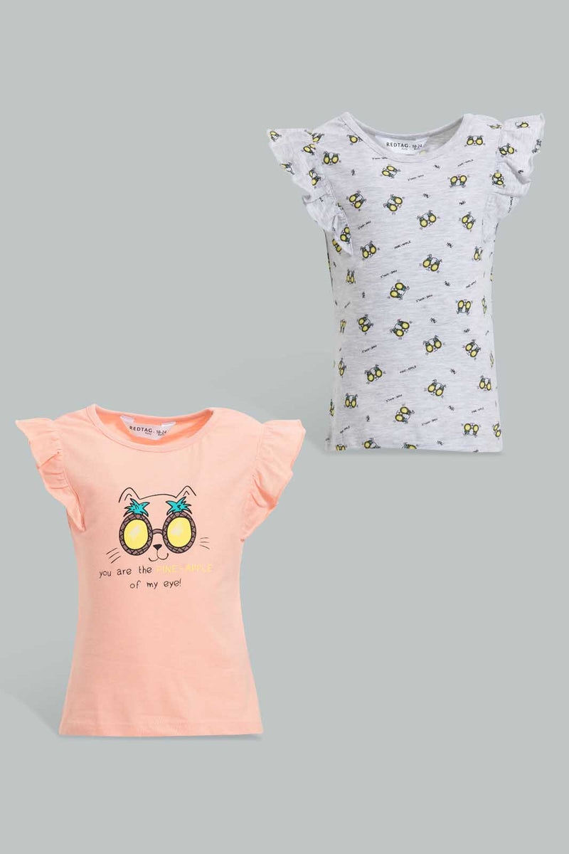 Redtag-Multi-Colour-2Pc-Pack-T-Shirt-Graphic-T-Shirts-Infant-Girls-3 to 24 Months