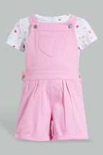 Load image into Gallery viewer, Redtag-Pink-Short-Dungaree-With-White-Aop-T-Shirt-Sets-Infant-Girls-3 to 24 Months