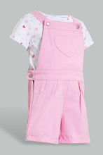 Load image into Gallery viewer, Redtag-Pink-Short-Dungaree-With-White-Aop-T-Shirt-Sets-Infant-Girls-3 to 24 Months