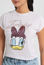 تنزيل الصورة على معرض الصور، Redtag-Assorted-Daisy-Striped-Embellished-Character-T-Shirt-Striped-T-Shirts-Women's-