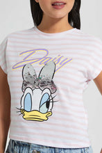 تنزيل الصورة على معرض الصور، Redtag-Assorted-Daisy-Striped-Embellished-Character-T-Shirt-Striped-T-Shirts-Women's-
