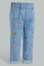 Load image into Gallery viewer, Redtag-Blue-All-Over-Embroidery-Jogger-Jeans-Harem-Fit-Infant-Girls-3 to 24 Months