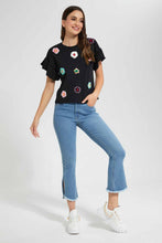 Load image into Gallery viewer, Redtag-Black-Crochet-Floral-T-Shirt-Category:T-Shirts,-Colour:Black,-Filter:Women's-Clothing,-New-In,-New-In-Women,-Non-Sale,-S22D,-Section:Women,-Women-T-Shirts-Women's-